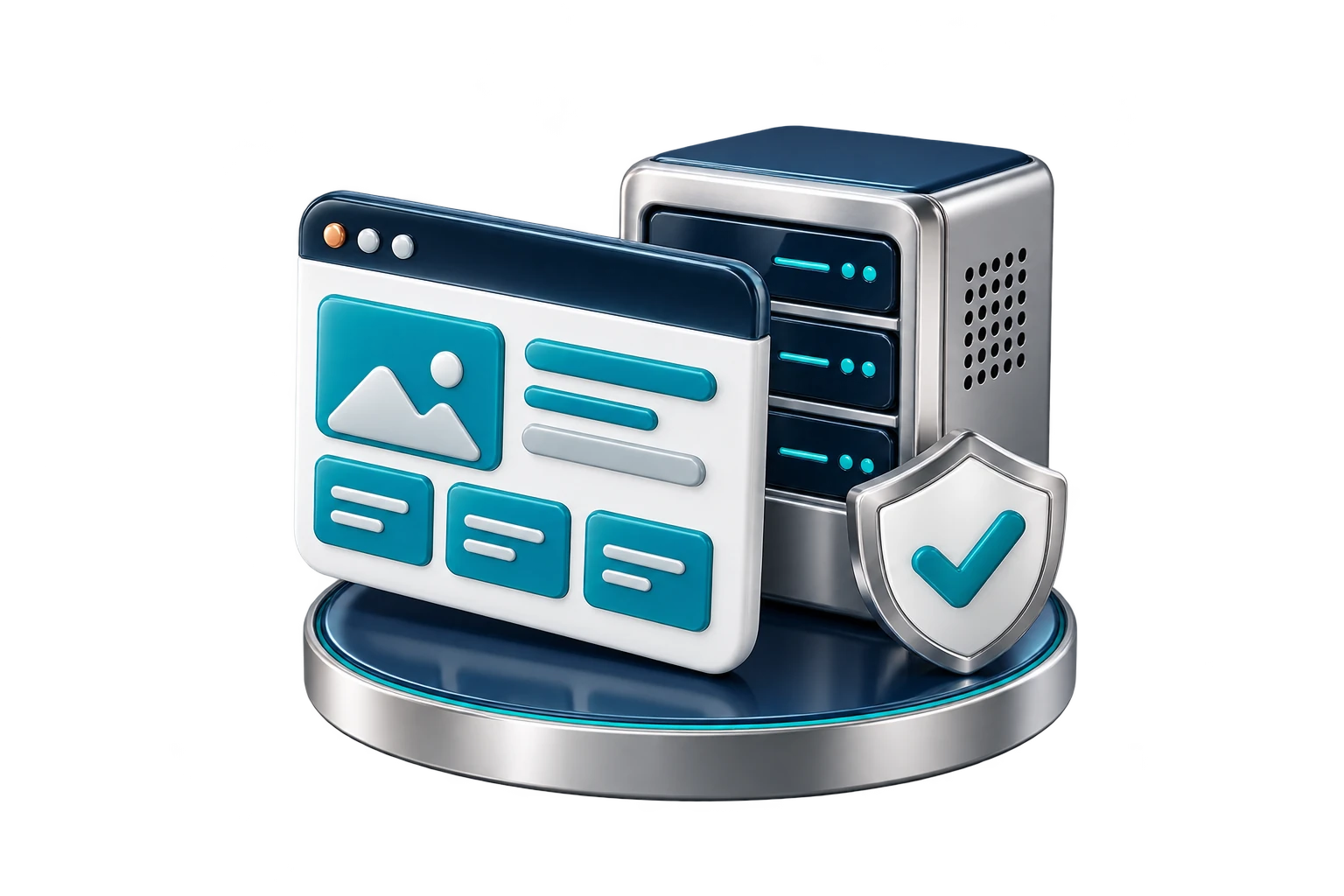 Web hosting hizmetini temsil eden sunucu, web sitesi ve güvenlik kalkanı